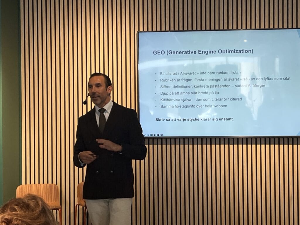 Markus Abrahamsson går igenom GEO – Generative Engine Optimization – under Svar Direkt hos Business Region Göteborg