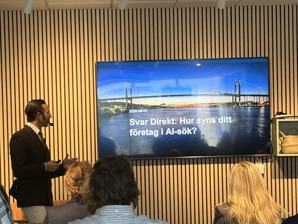 Titelbilden för Svar Direkt: Hur syns ditt företag i AI-sök? med Älvsborgsbron på skärmen, International House Gothenburg den 3 september 2026